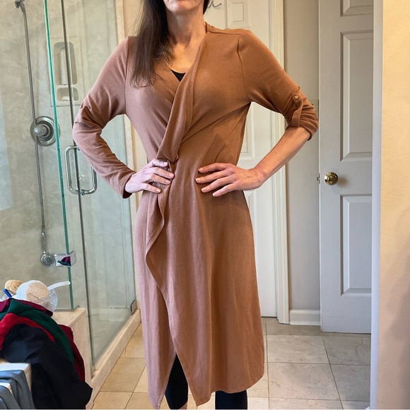 She + Sky Long sleeve knit jacket, long, solid tan wrap style, Soft! Comfy! Sz S - Picture 10 of 11